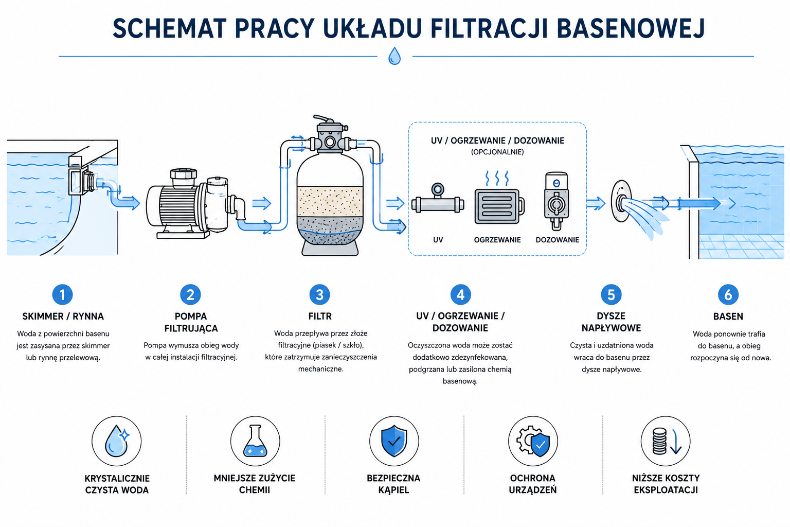 Schemat działania filtracji basenowej